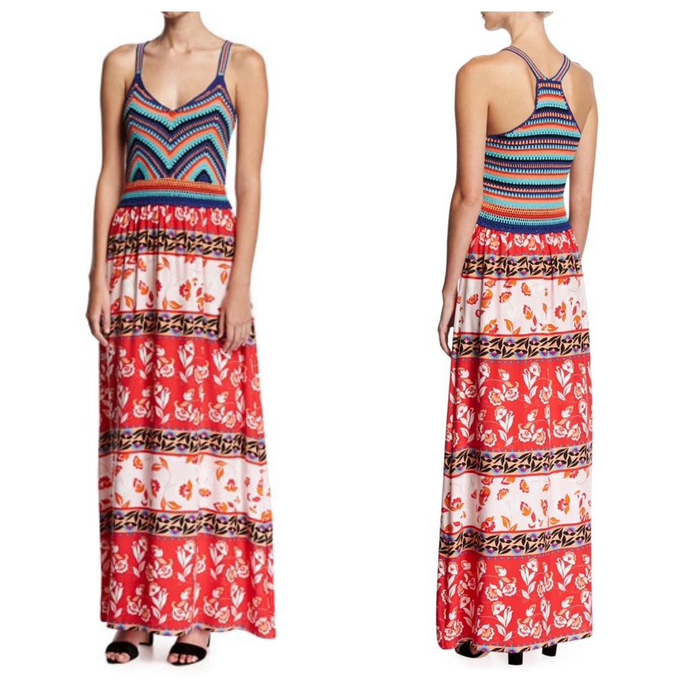 Parker Goldie Knit Combo Maxi Dress 2 Crochet Mixed Media Mixed Print